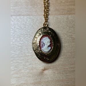 1928 Jewelry Gold Tone Carnelian Cameo Double Locket Necklace 28 Inches